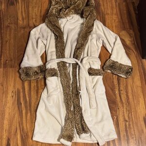 Pottery Barn Cream Robe with Brown Faux Fur Trim